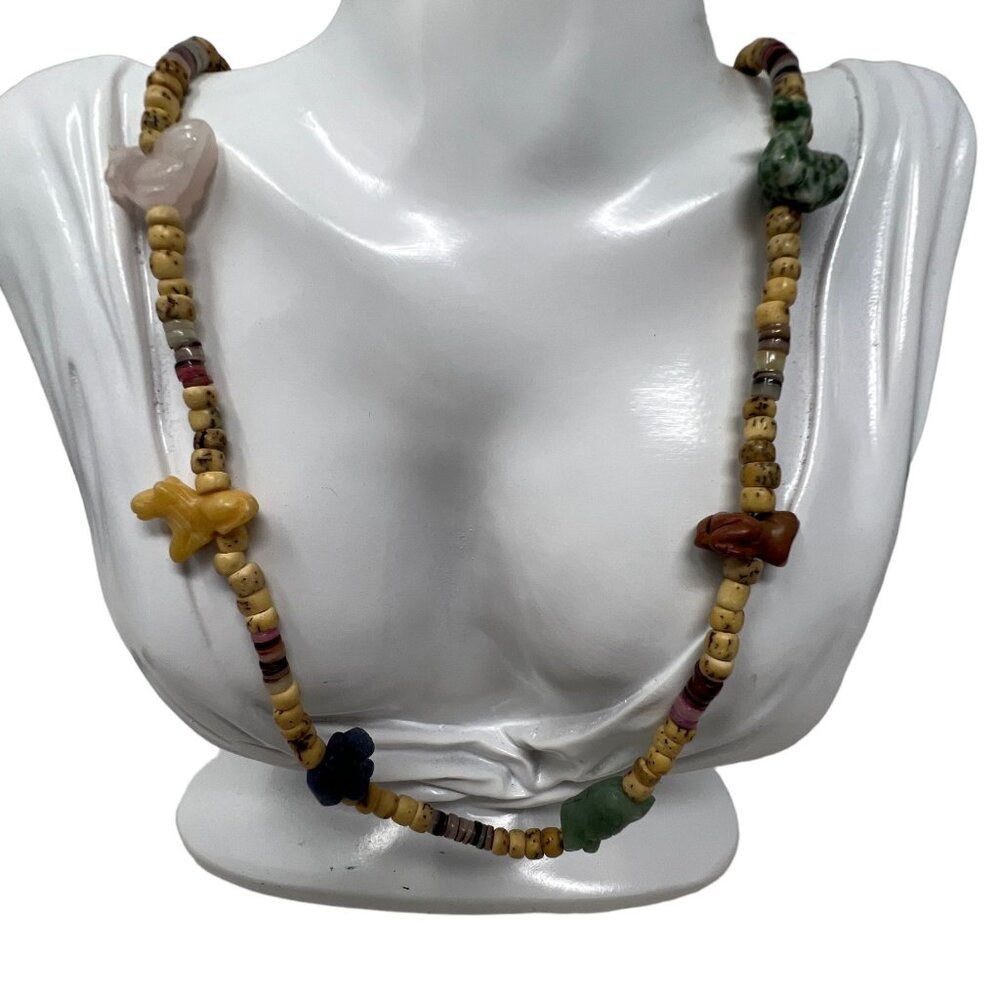 Tan Heshi Beaded Necklace with Carved Multi Color Animal Beads‎ 30 inch
